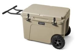 YETI Tundra Haul Wheeled Cool Box Tan -Fishing Equipment Shop YETI Tundra Haul Wheeled Cool Box Tan SKU 0106 TAN tundra haul tan 3qtr handle up lid down 3390 b 2